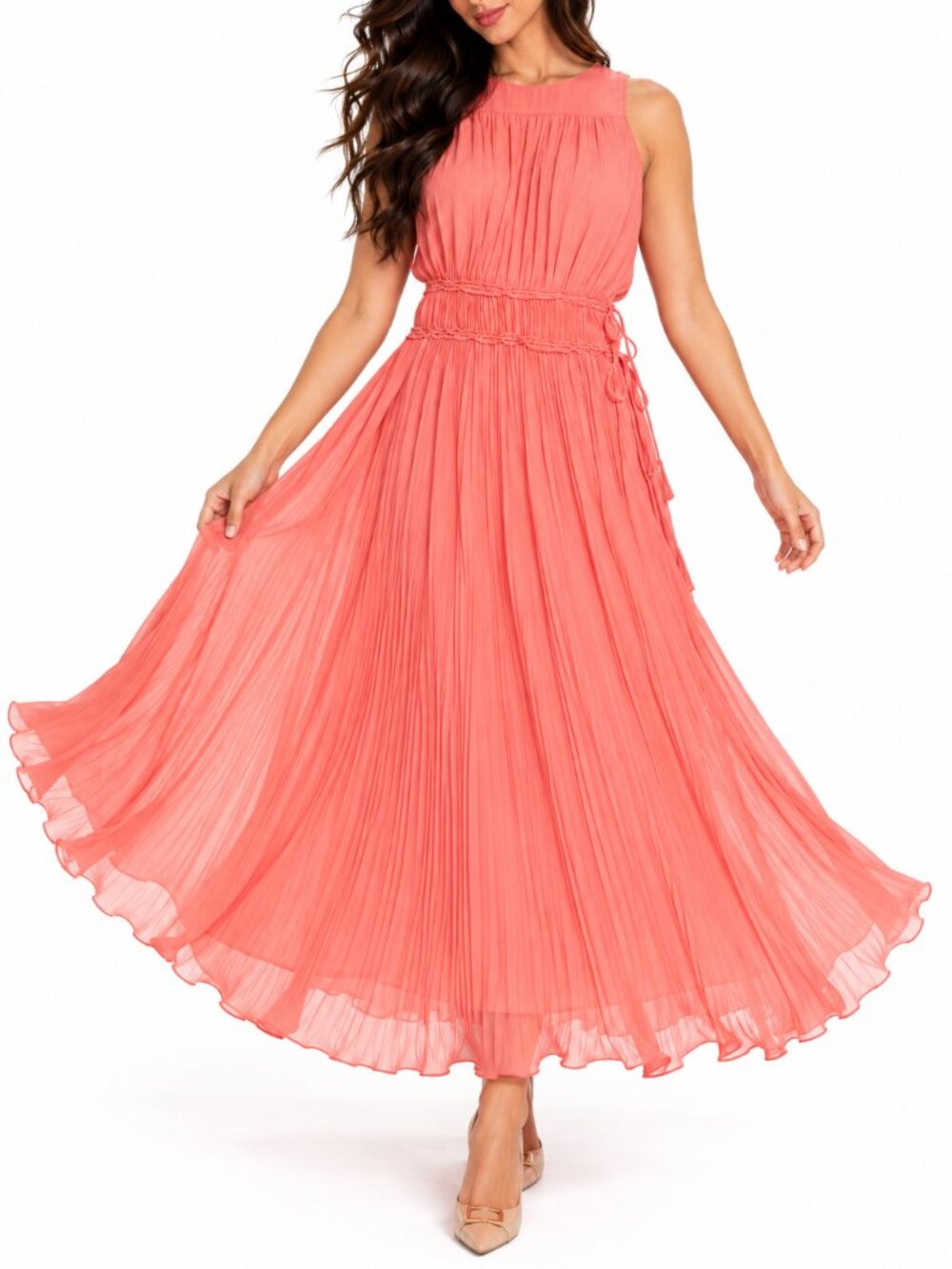 Lewit Silk Pleated Dress 100% Silk Coral Grecian Style SZ 4 $399 New